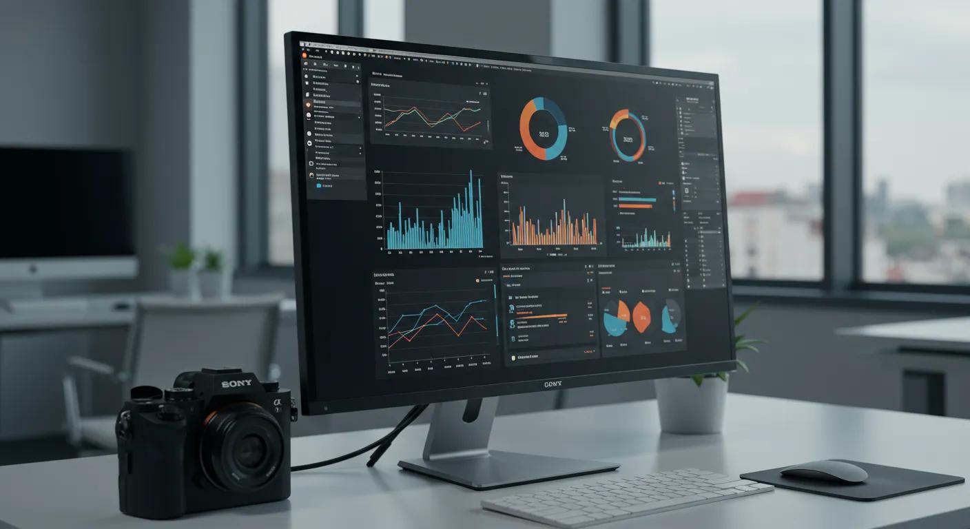 a sleek office workspace displays a vibrant, customized analytics dashboard on a high-resolution monitor, showcasing dynamic graphs and colorful widgets for streamlined data insights and real-time performance tracking.