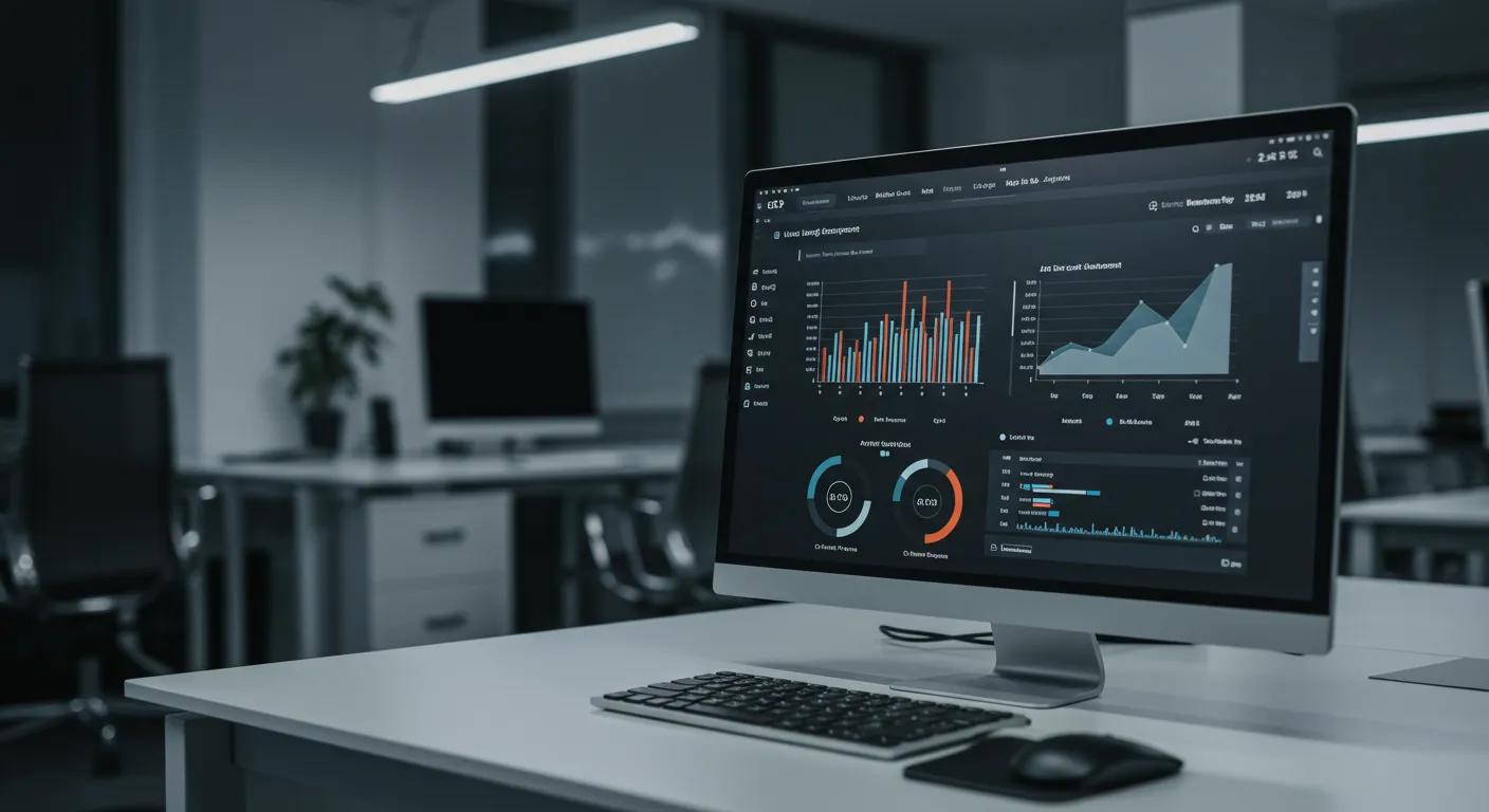 a sleek, modern office workspace is illuminated by soft artificial light, featuring a digital dashboard displaying user engagement metrics, with engaging visuals of extended session durations and interactive graphs highlighting the importance of retaining visitors on a website.