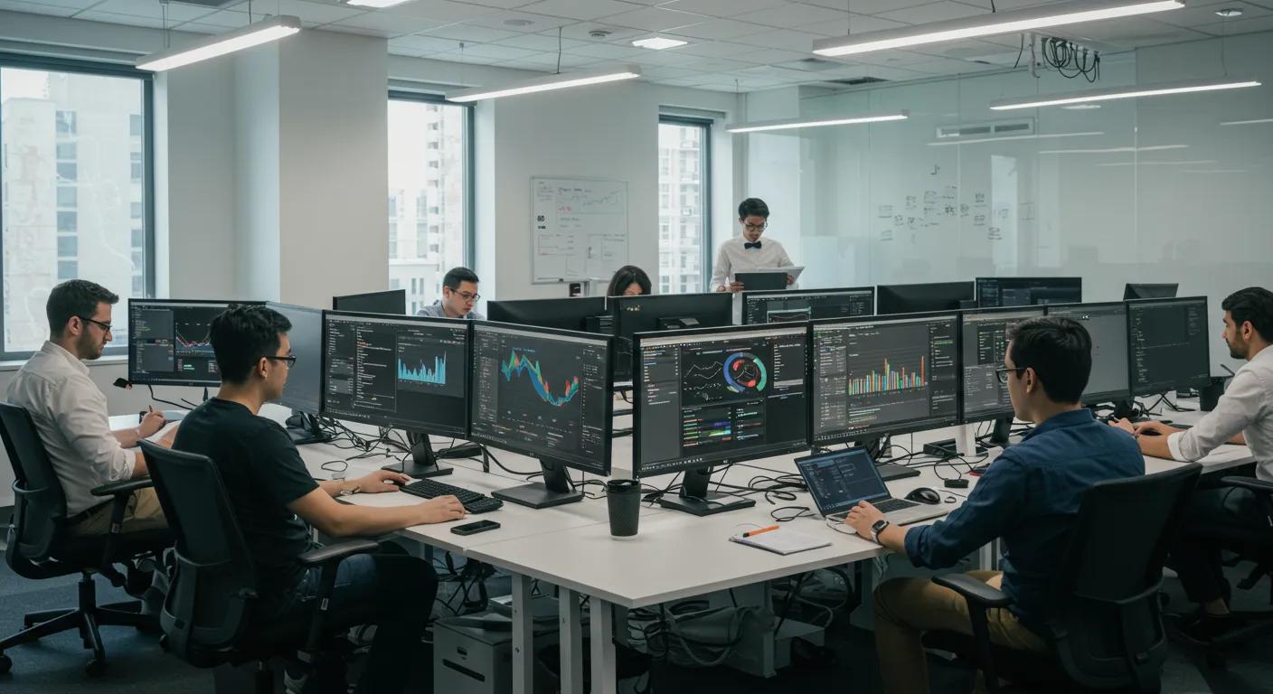 a dynamic office space filled with professionals intensely analyzing vibrant data visualizations on large, interactive screens, capturing the essence of staying updated with google analytics features in a fast-paced digital environment.