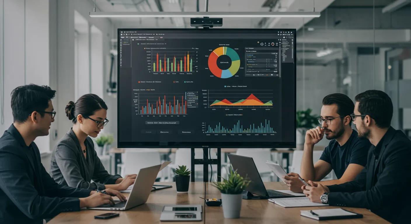 a dynamic office workspace features a large screen displaying vibrant charts and graphs representing custom metrics in google analytics, with a diverse team of professionals engaged in animated discussion, illuminated by crisp, focused lighting.