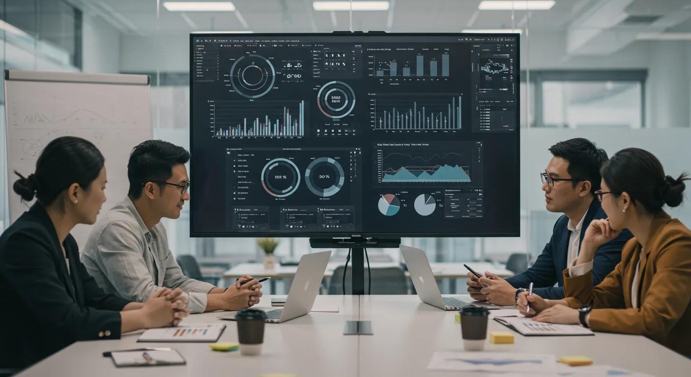 a modern office setting features an engaged team of diverse professionals gathered around a sleek conference table, intensely discussing digital analytics strategies displayed on a large screen, showcasing vibrant graphs and data insights.