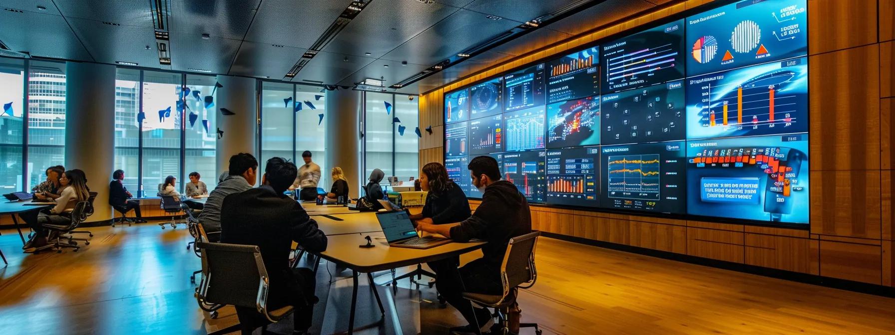 a bustling office meeting room showcases a diverse team engaged in a dynamic discussion, surrounded by digital displays revealing complex data and marketing analytics charts, symbolizing the challenges and strategies in adopting advanced attribution models for businesses.
