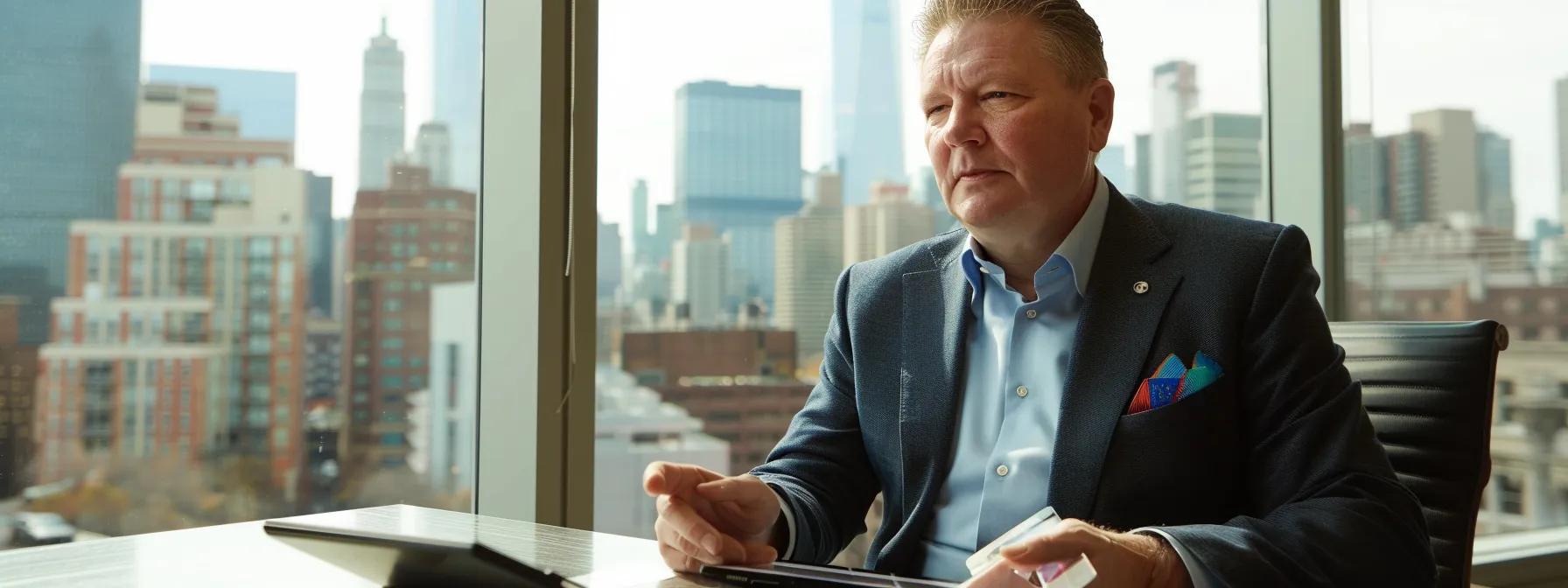 a confident business professional, seated at a sleek modern conference table, engages in a focused negotiation discussion over a digital tablet displaying analytics data, with city skyscrapers visible through the large glass windows in the background.