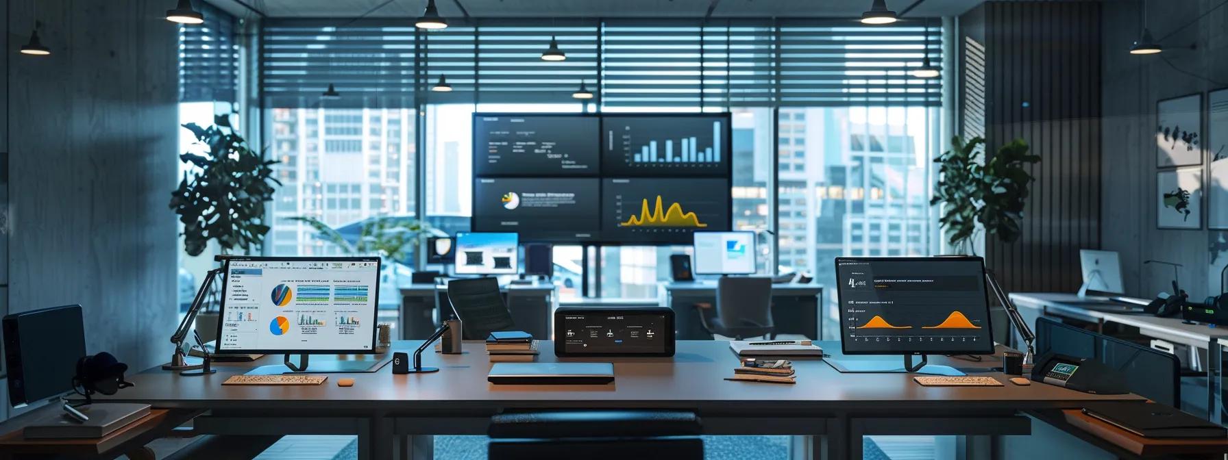a dynamic office environment features a sleek laptop displaying side-by-side comparisons of google analytics 4 free and paid features, with focused professionals analyzing data on large screens in the background.