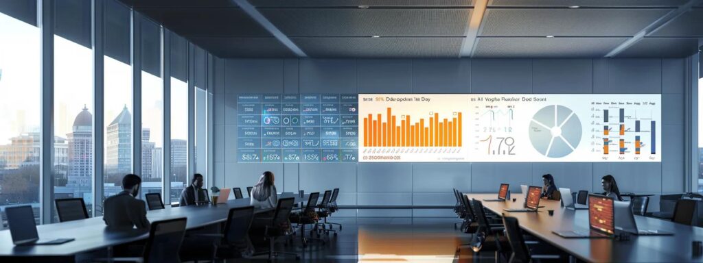 a dynamic office environment showcases a sleek conference room with a large screen displaying vibrant analytics graphs and premium features of google analytics, creating an atmosphere of strategic planning and data-driven decision-making.