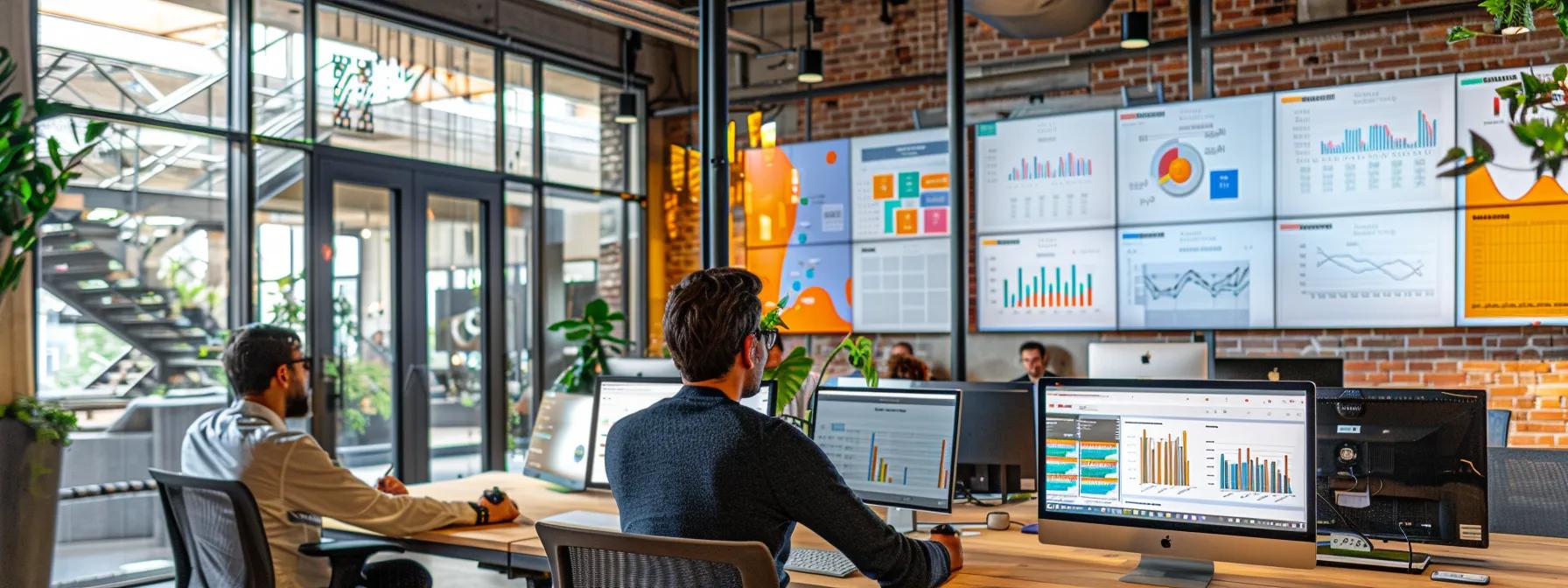a dynamic urban office space bustling with startup employees analyzing colorful data visualizations on their screens, showcasing the intuitive features of google analytics 4 amidst a backdrop of collaborative work and technology.