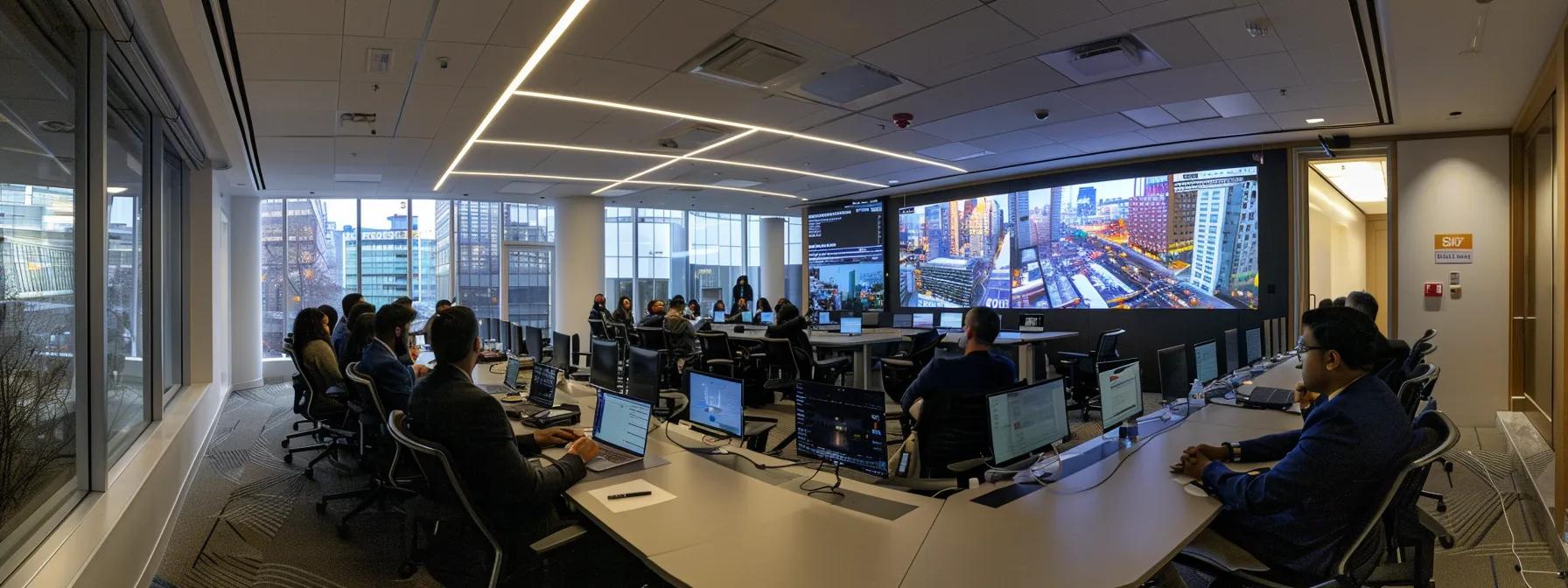 a modern office conference room filled with diverse professionals engaged in a strategic discussion, showcasing a large digital screen displaying complex attribution models and data analytics.