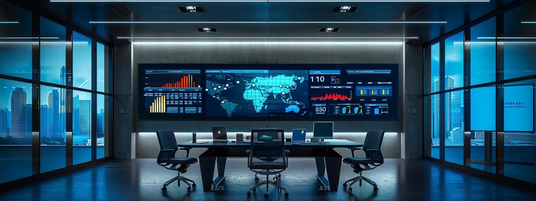 a modern office setting with a sleek conference table, with focused professionals engaging in a strategic discussion over a large digital display showcasing marketing metrics and goals, illuminated by vibrant overhead lighting.