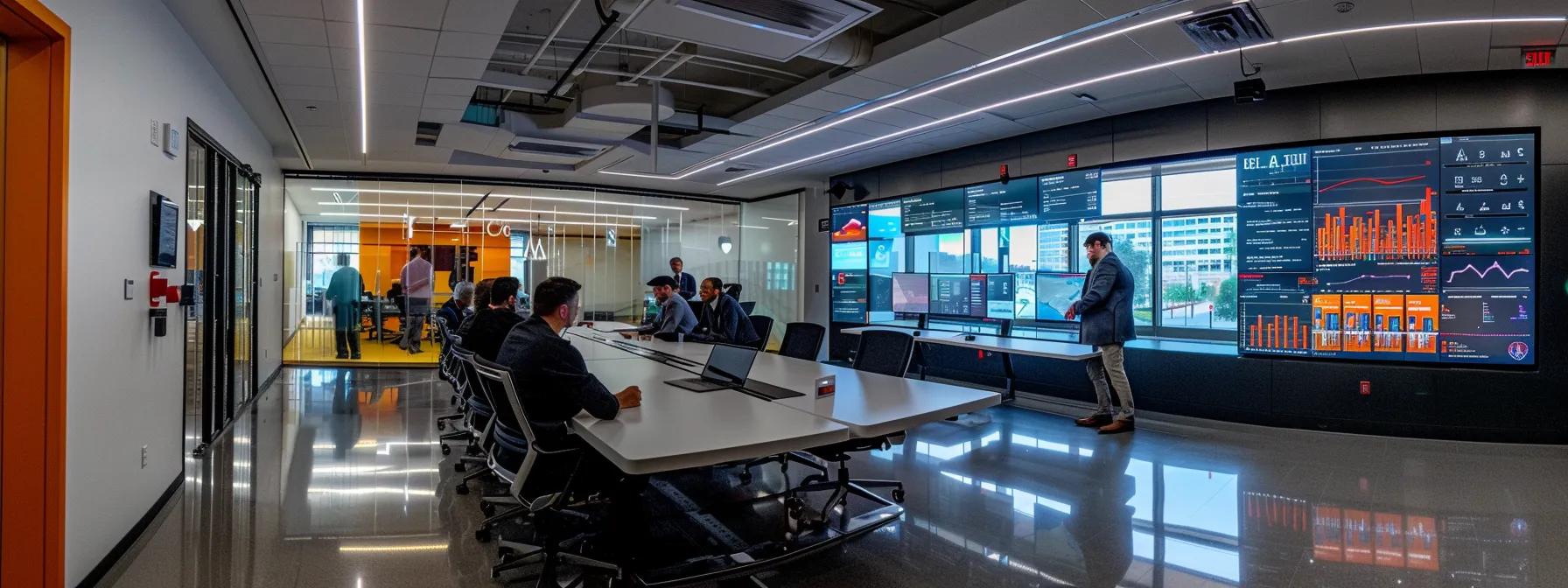 a modern office space features a sleek conference table surrounded by professionals engaged in a dynamic discussion, with a large screen displaying complex marketing attribution data and colorful infographics, illuminated by bright, focused lighting that emphasizes the importance of accurate decision-making.