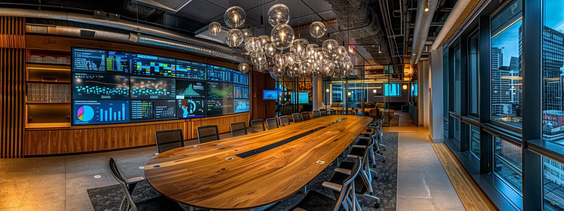 a modern office space featuring a sleek conference table surrounded by digital screens displaying intricate graphs and analytics data, highlighting the complexity and value of google analytics premium pricing structures.