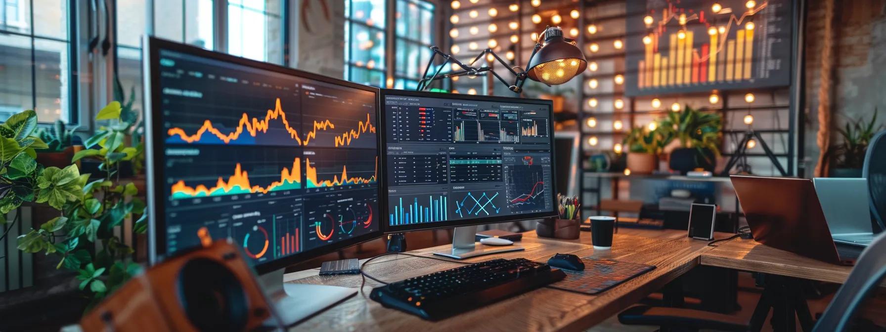 a modern office space filled with multiple sleek monitors displaying vibrant ga4 attribution reporting dashboards, highlighting insightful graphs and data trends against a backdrop of dramatic ambient lighting.