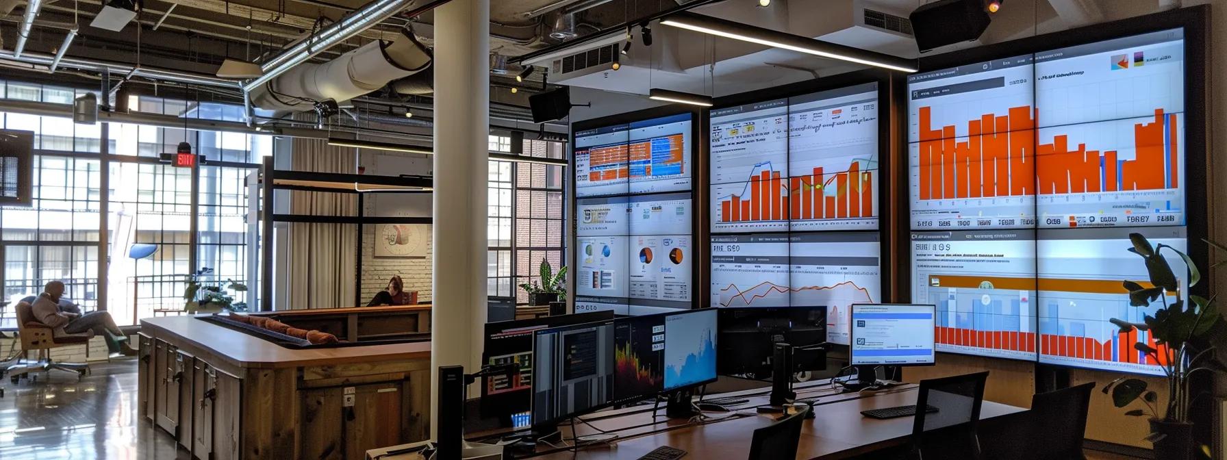a modern office workspace filled with high-tech screens displays contrasting graphs and charts, visually comparing the cost structures of google analytics 4 and universal analytics, under dramatic overhead lighting that emphasizes the analytical atmosphere.