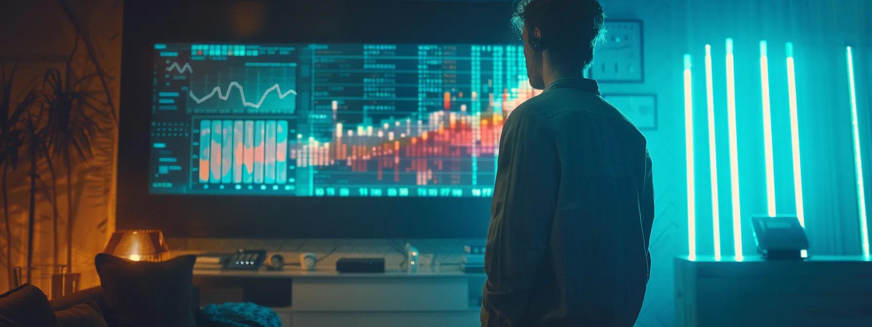 a modern office workspace showcases a large digital screen displaying vibrant graphs and analytics, highlighting audience insights from google analytics, while a focused professional analyzes the data to refine marketing strategies.