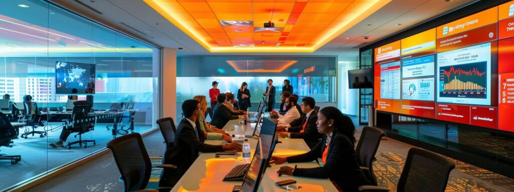a professional setting showcases a sleek conference room, illuminated by vibrant overhead lighting, where a diverse team of analysts scrutinizes a digital dashboard displaying google's financial analytics, emphasizing the contrast between google analytics 4 and earlier versions.
