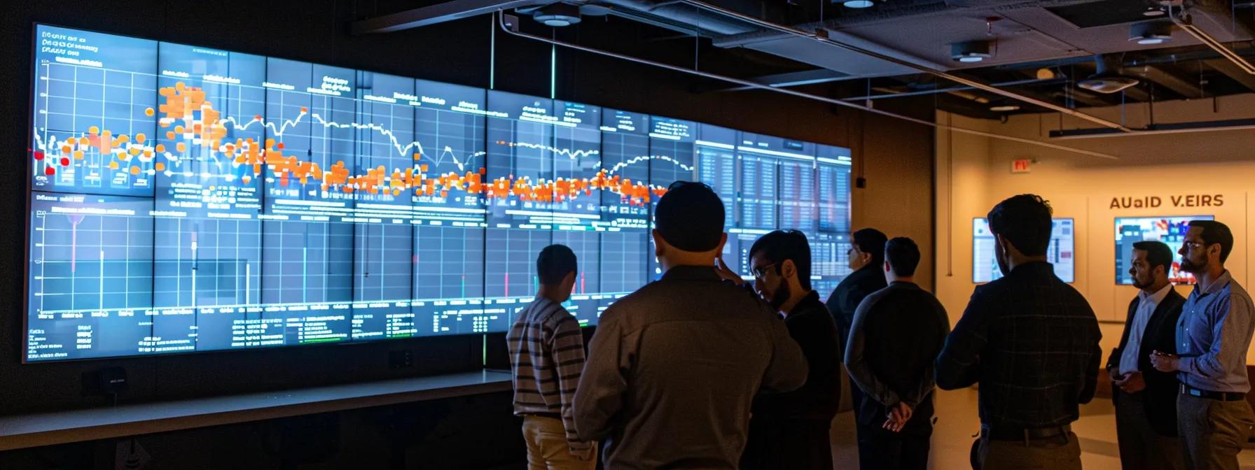 a sharp, modern office interior featuring a diverse group of analytics professionals engaged in a focused discussion around a large digital screen displaying complex attribution data and graphs, illuminated by sleek pendant lighting.