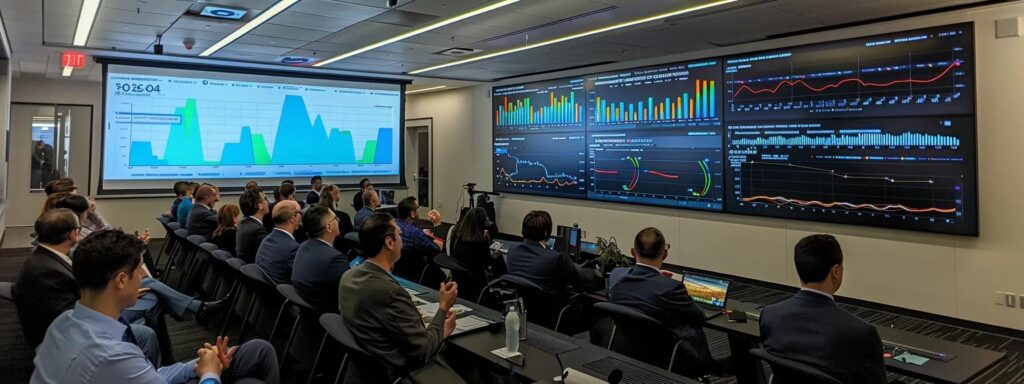 a sleek, modern conference room filled with diverse professionals engaged in a dynamic discussion about digital marketing strategies, with an expansive wall screen displaying vibrant graphs and data visualizations related to attribution models.