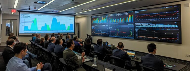 a sleek, modern conference room filled with diverse professionals engaged in a dynamic discussion about digital marketing strategies, with an expansive wall screen displaying vibrant graphs and data visualizations related to attribution models.