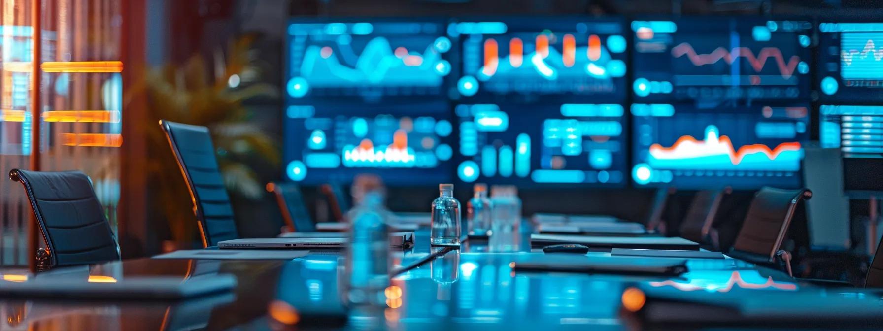 a sleek, modern conference room filled with digital screens displaying dynamic data visualizations and collaborative charts, highlighting advanced attribution modeling strategies in a vibrant, tech-driven atmosphere.
