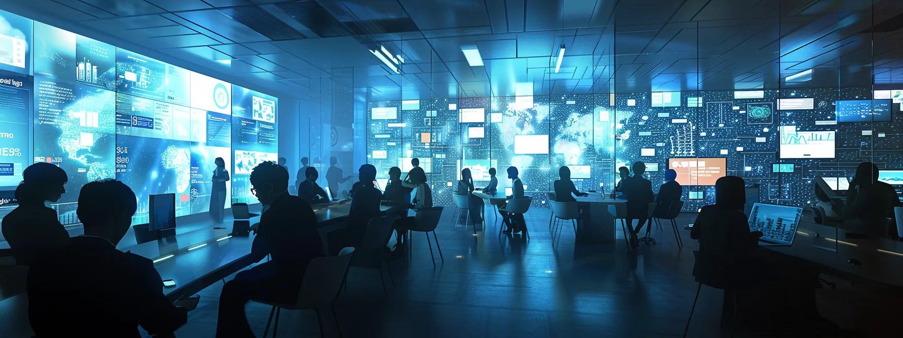 a sleek, modern office conference room filled with diverse professionals engaged in an animated discussion, surrounded by digital displays illustrating various complex marketing attribution models, highlighting the dynamic interplay of marketing strategies and customer interactions.