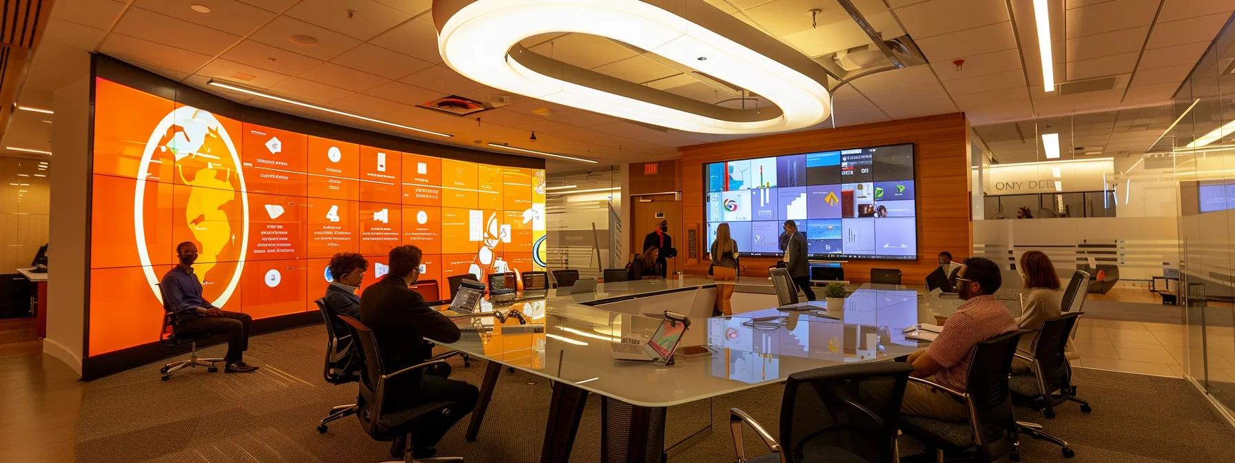a sleek, modern office conference room is illuminated by bright overhead lighting, featuring a large digital display showcasing diverse subscription plans and price tiers for google analytics premium services, while professionals engage in intense discussion around a polished glass table.