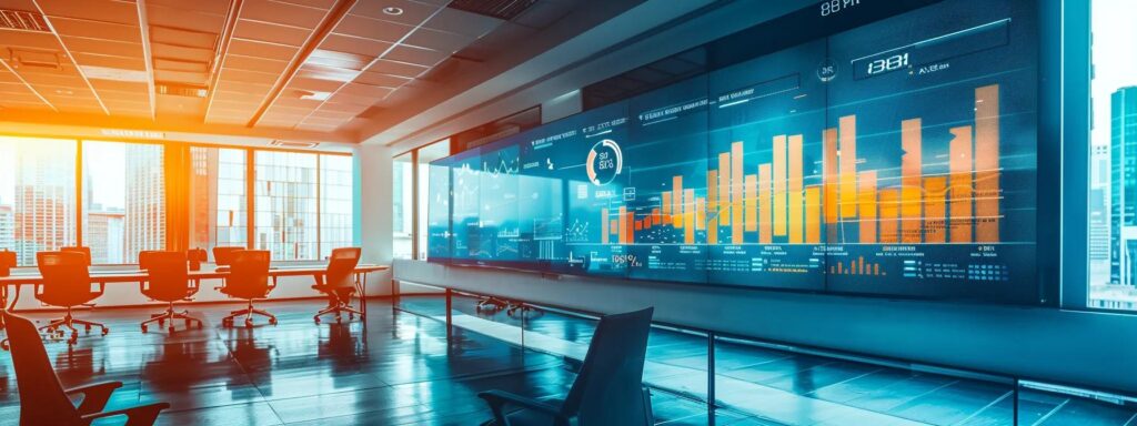a sleek, modern office conference room features a large digital screen displaying a striking infographic comparison of attribution models versus traditional marketing metrics, illuminated by sharp overhead lighting that emphasizes the high-tech atmosphere.