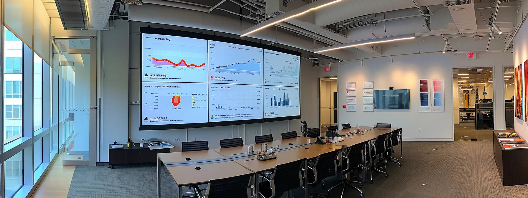 a sleek, modern office conference room features a large digital screen displaying a dynamic comparison chart between google analytics premium and standard pricing, illuminated by sharp overhead lighting that emphasizes the professional atmosphere.