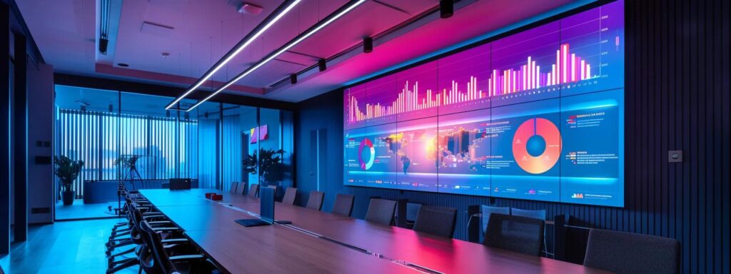a sleek, modern office conference room features a large digital screen displaying a vibrant infographic that contrasts google analytics attribution models with traditional methods, illuminated by soft overhead lighting.