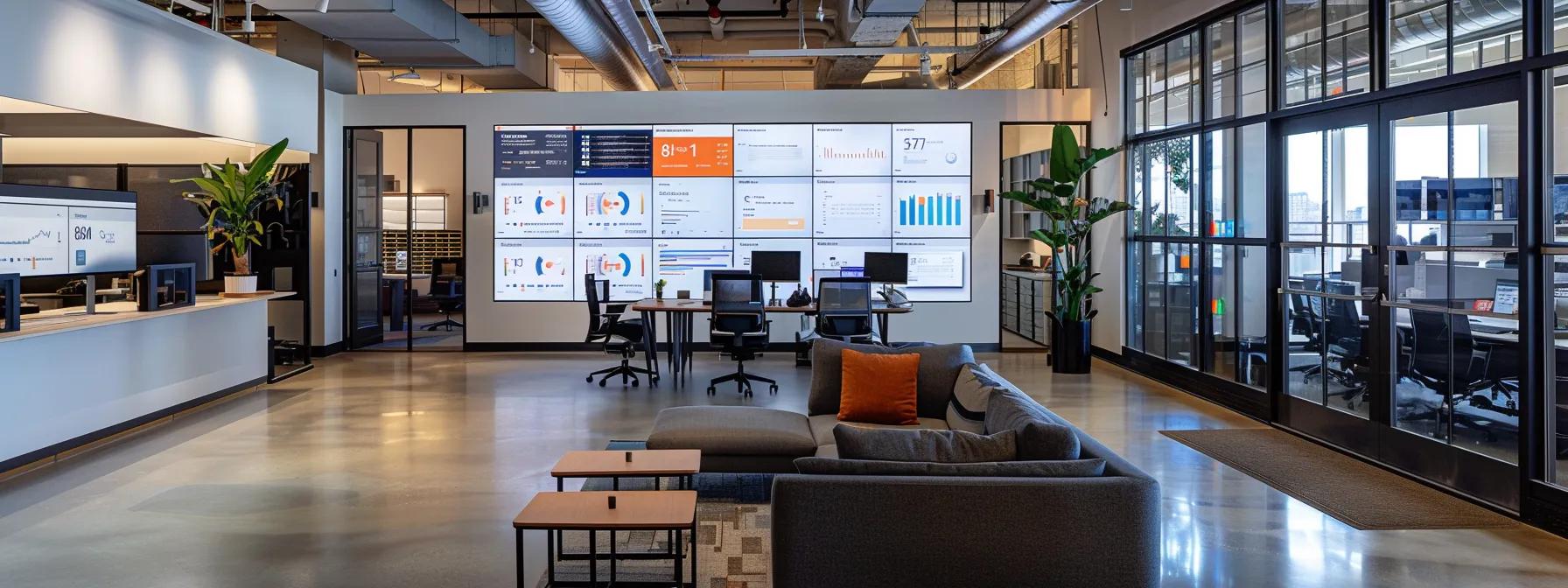 a sleek, modern office environment showcases multiple screens displaying diverse analytics dashboards, emphasizing the integration of data from various tools for in-depth performance analysis, illuminated by dynamic led lighting.