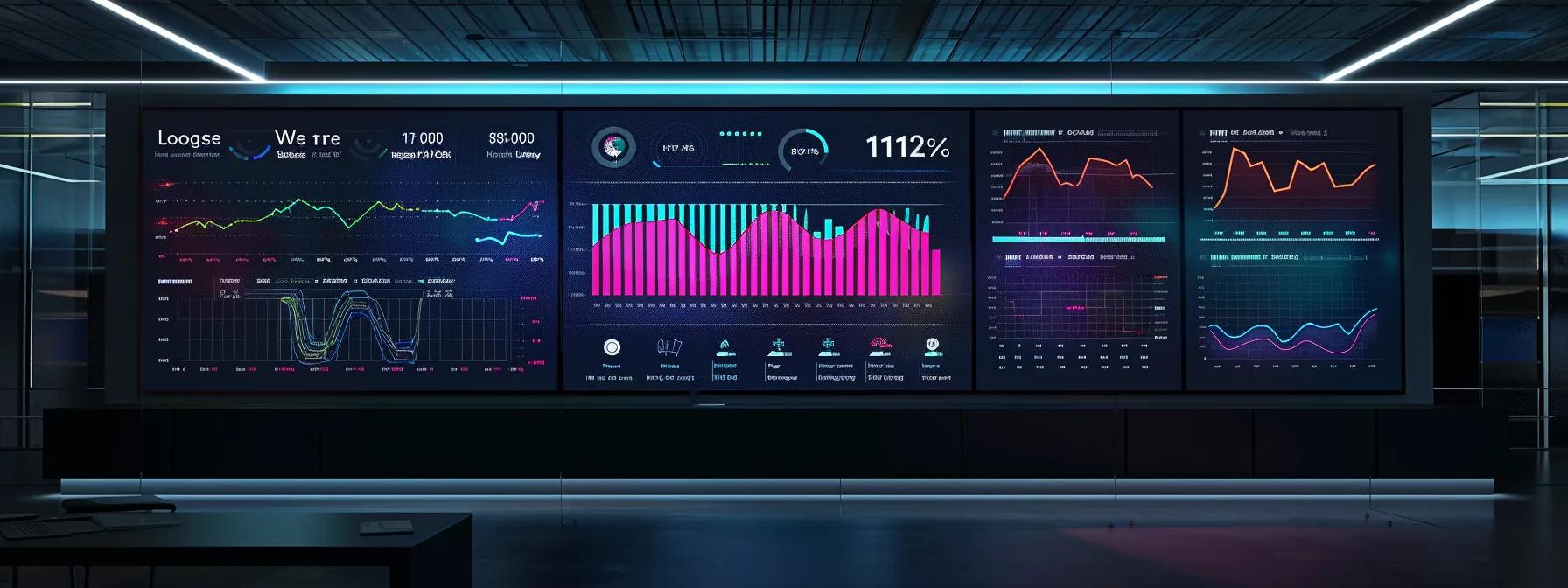 a sleek, modern office environment showcases a large digital dashboard displaying google analytics event tracking metrics, with vibrant graphs and data points illuminating the room, highlighting user engagement insights.