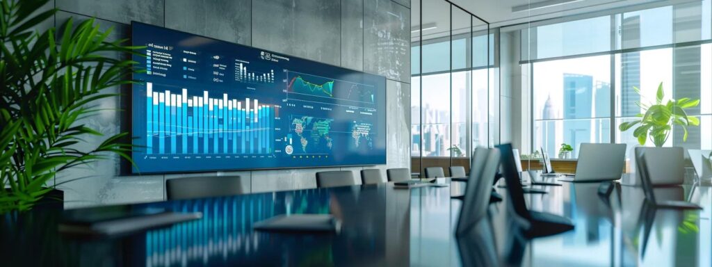 a sleek, modern office environment features a large digital display showcasing colorful graphs and analytics data, illustrating various google analytics attribution models in a visually engaging and informative manner.