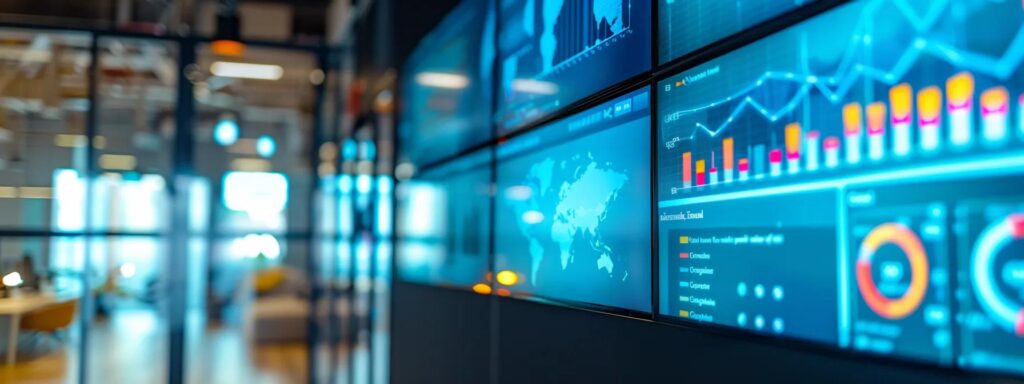 a sleek, modern office environment features a large digital display screen showcasing an interactive google analytics dashboard, with various colorful charts and graphs illustrating different attribution models, all under focused, artificial lighting that enhances the tech-savvy atmosphere.