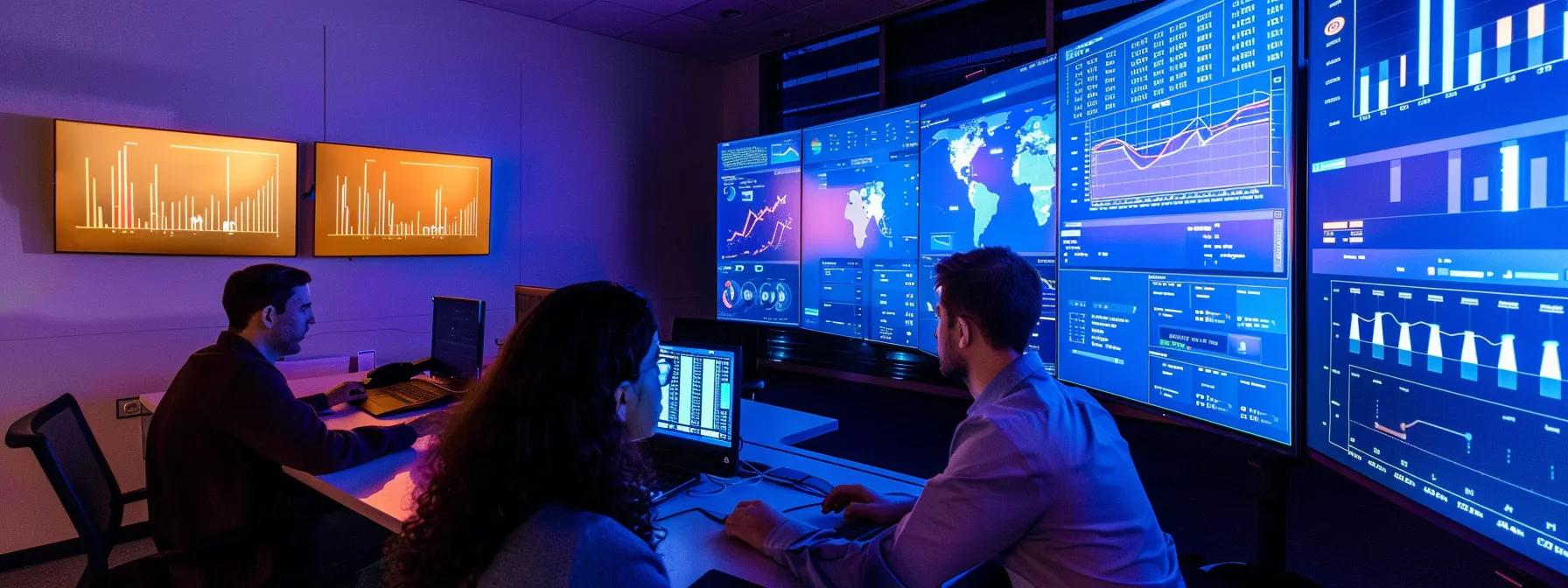 a sleek, modern office environment showcases a dynamic digital marketing team engaged with advanced analytics dashboards displaying intricate ga4 attribution models, illuminated by sharp, focused lighting that emphasizes teamwork and innovation in data-driven strategies.