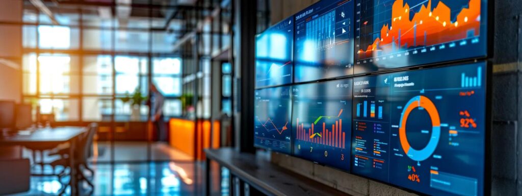 a sleek, modern office environment showcases a large digital screen displaying vibrant graphs and charts, emphasizing key google analytics metrics that drive impactful business decisions.