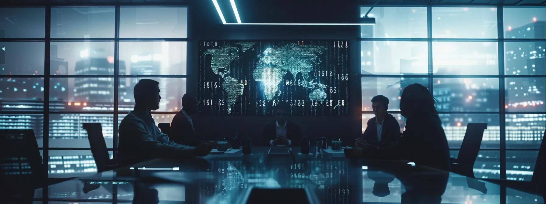 a sleek, modern office environment features a large digital screen displaying intricate ga4 attribution reporting data, with professionals engaged in focused discussions around a polished conference table, illuminated by soft artificial lighting.