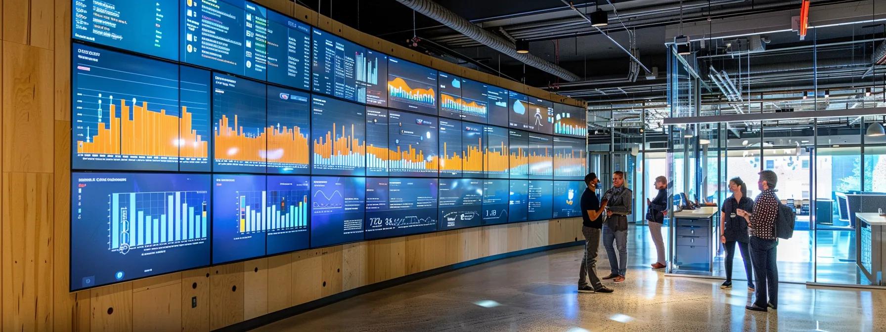 a sleek, modern office environment features a dynamic digital dashboard on a large screen displaying various google analytics attribution models, with diverse marketing professionals engaged in an animated discussion, highlighting insights into their conversion strategies.