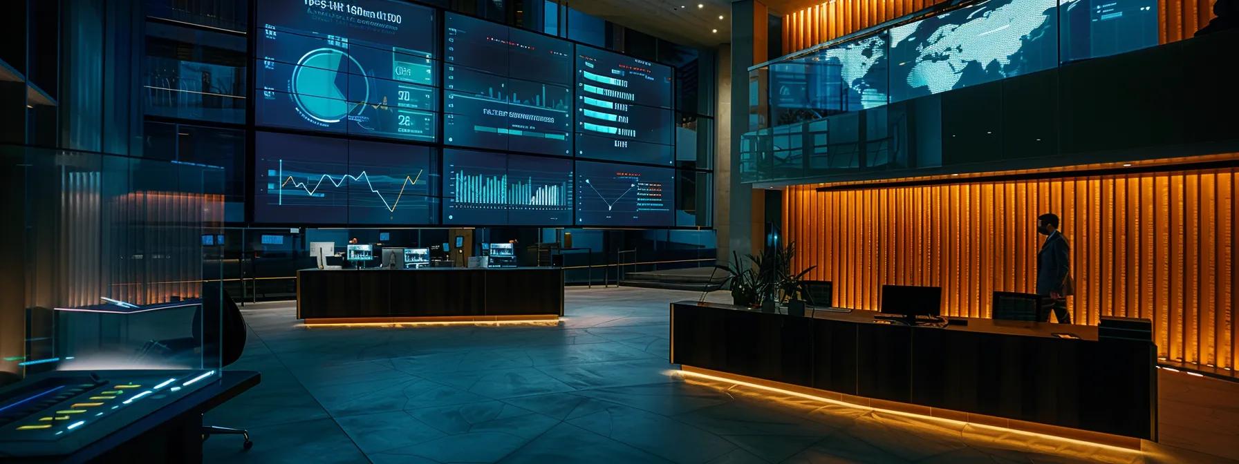 a sleek, modern office environment showcases a digital analytics dashboard on a large screen, illuminated by dynamic graphs and charts, as focused professionals engage in collaborative discussions around a stylish conference table.