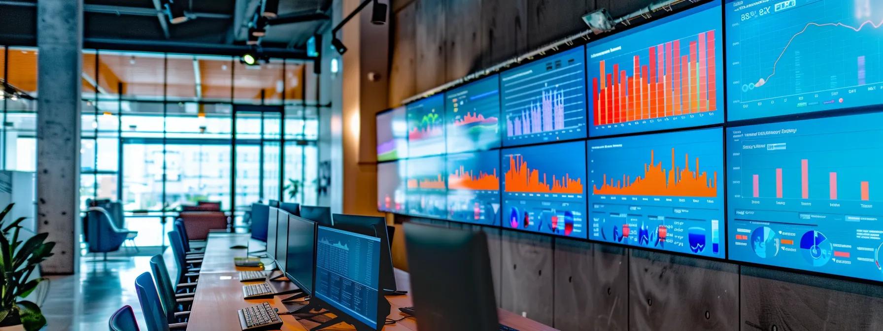 a sleek, modern office environment filled with high-tech screens displaying vibrant google analytics data visuals, showcasing real-time insights into customer engagement and marketing performance, emphasizing the strategic importance of investing in ga4 for long-term business growth.