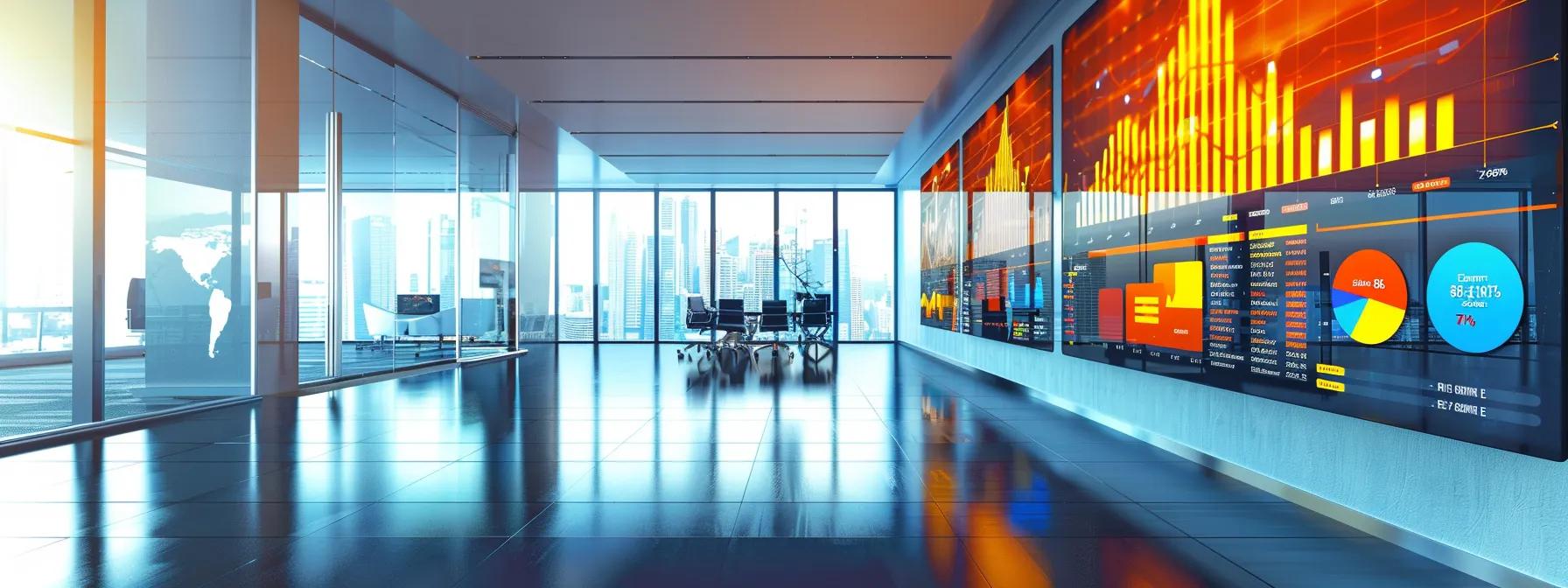 a sleek, modern office filled with high-tech screens displaying dynamic data visualizations and analytics related to marketing attribution, showcasing the intersection of advanced technology and strategic insights.