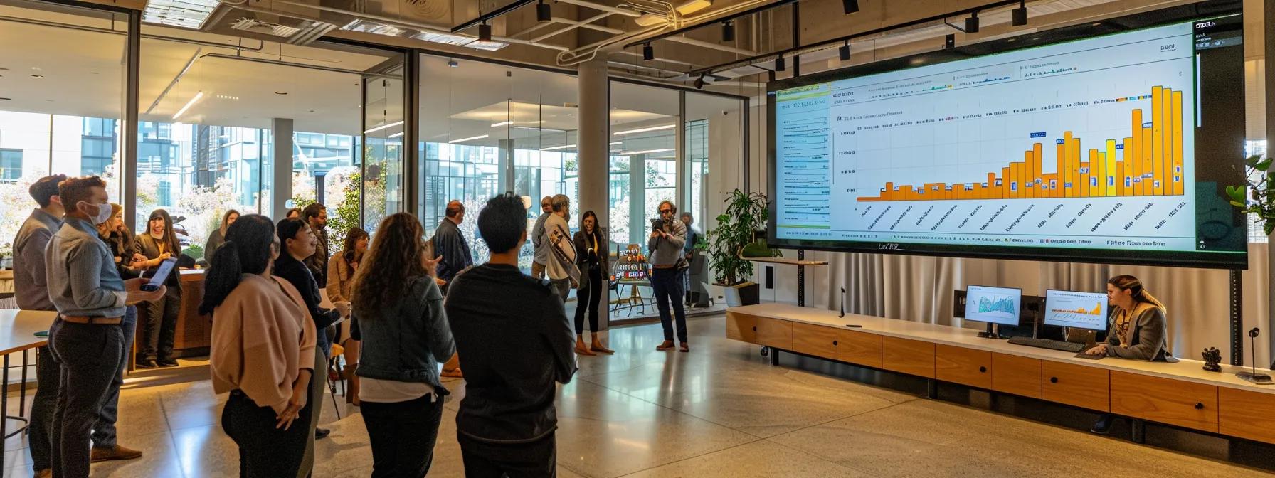 a sleek, modern office setting showcases a large screen displaying a detailed comparison chart of google analytics 360 costs versus the benefits of prior premium versions, with a diverse group of professionals engaged in animated discussion and analysis.