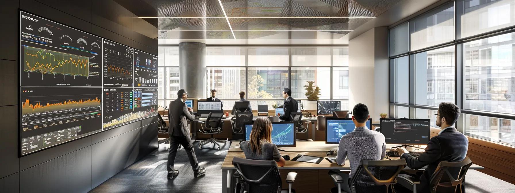 a sleek, modern office setting features a team of professionals collaboratively analyzing data on multiple screens, with dynamic graphs and charts illuminating the room, symbolizing the strategic implementation of an attribution model for business success.