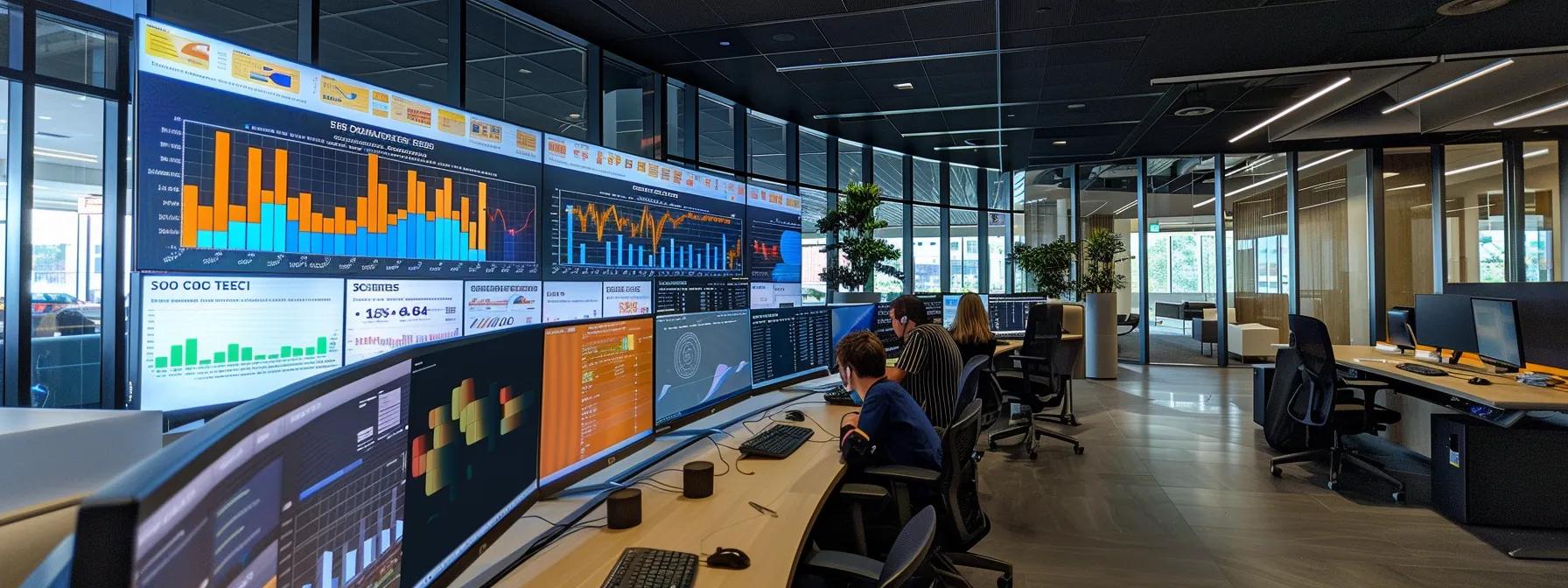 a sleek, modern office setting features a large screen displaying google analytics 4 data visualizations, with a diverse team engaging in strategic discussions to optimize cost management and tracking efficiency.