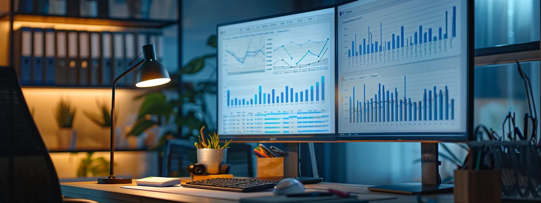 a sleek, modern office setting featuring two large screens displaying contrasting graphs and charts, illustrating the clear distinctions between google analytics attribution models and traditional marketing methods in a dynamic, engaging visual comparison.