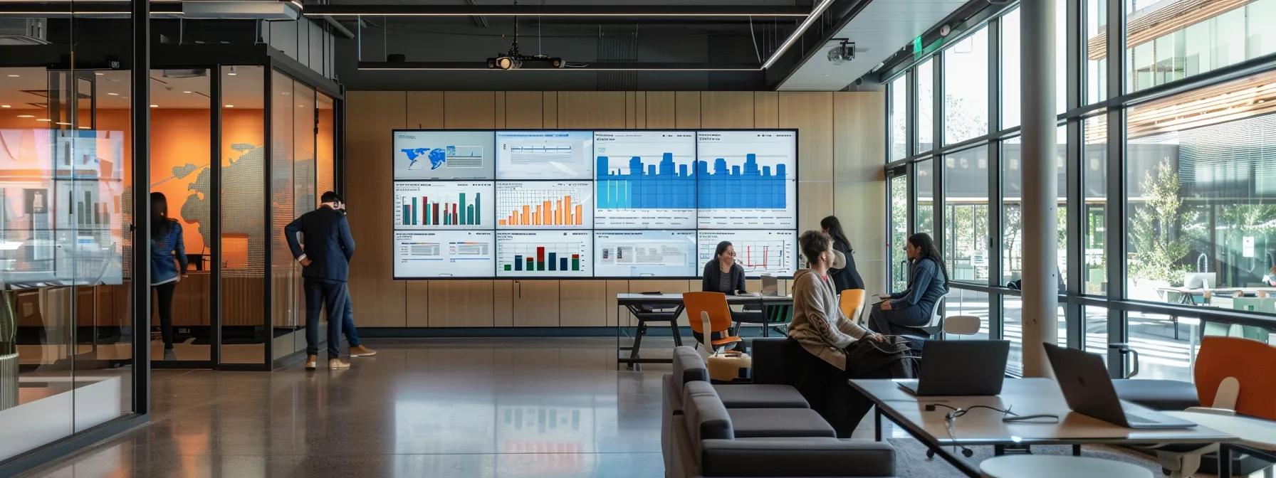 a sleek, modern office setting features a large digital display showcasing various google analytics 4 attribution models, highlighting their differences against a backdrop of collaborative team discussion and strategic planning.