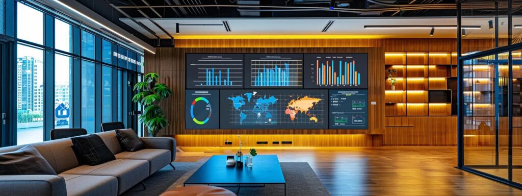 a sleek, modern office space features a large digital screen displaying vibrant graphs and charts, illustrating the benefits of google analytics attribution models in a dynamic and engaging manner.