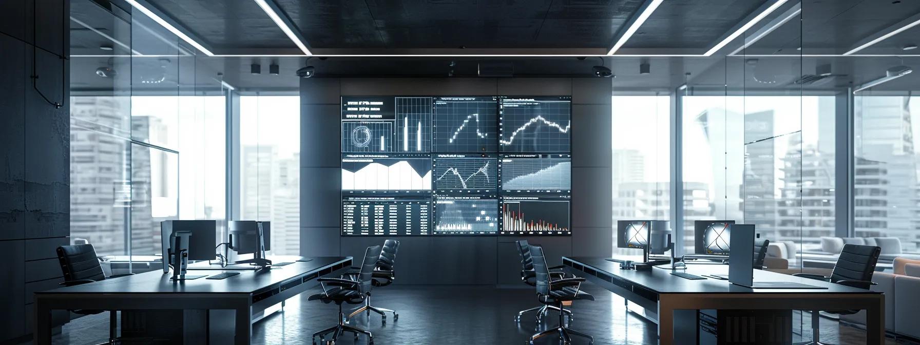 a sleek, modern office space with multiple screens displaying intricate ga4 attribution charts and analytics, illuminated by cool fluorescent lighting, showcasing a high-tech environment dedicated to advanced data optimization.