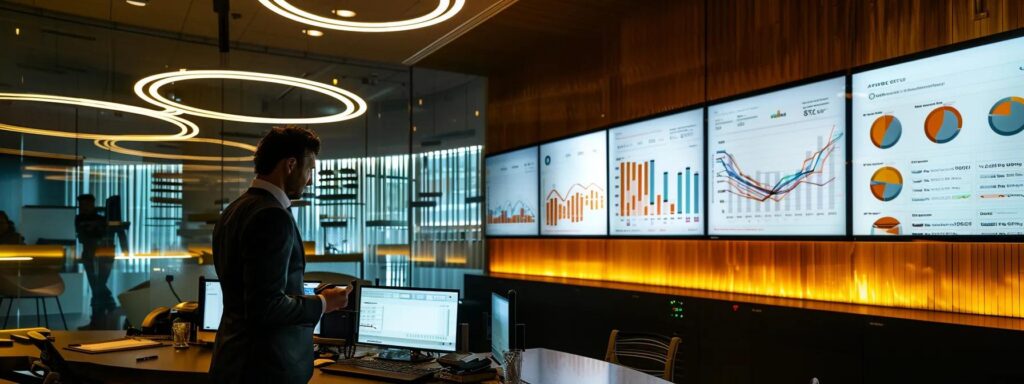 a sleek, modern office space features a large digital display showcasing google analytics data, while a professional analyzes complex graphs and metrics, illuminated by bright artificial lighting that emphasizes the high-tech environment.