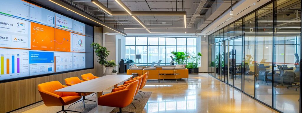 a sleek, modern office space showcases a large digital screen displaying a dynamic infographic of google analytics 4 pricing, with vibrant colors and engaging visuals, emphasizing the contrast with previous versions.