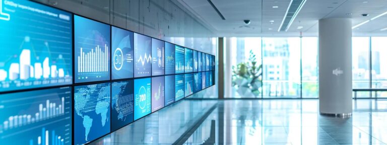 a sleek, modern office space filled with digital screens displaying intricate google analytics data visualizations, highlighting various attribution models in vibrant colors against a backdrop of minimalist design.
