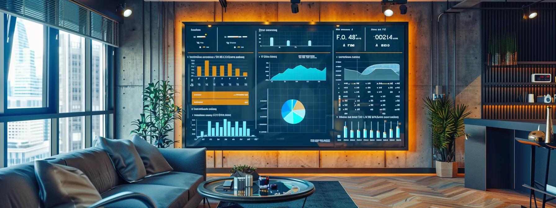 a sleek, modern office space features a large digital dashboard prominently displaying google analytics premium data, seamlessly integrated with various digital marketing tools, creating an atmosphere of strategic collaboration and data-driven decision-making.