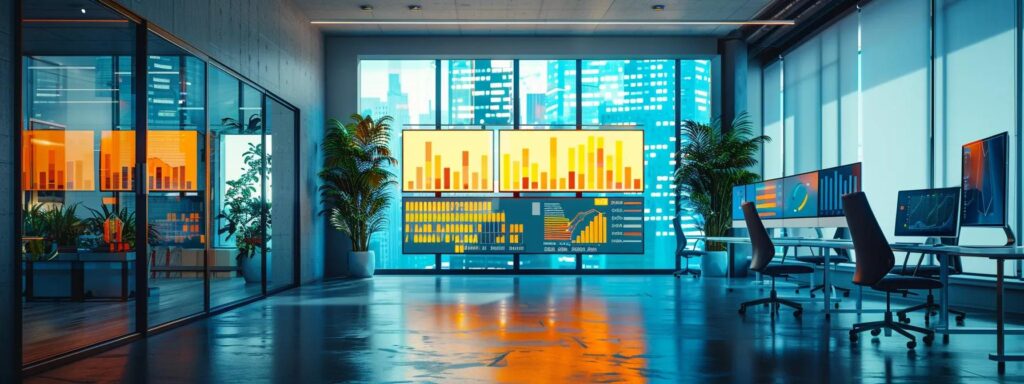 a sleek, modern office space filled with data visualization screens displaying colorful analytics metrics, emphasizing the importance of informed decision-making in a digital landscape.